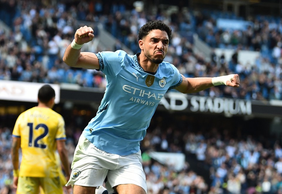 Omar Marmoush of Manchester City celebrating a goal.