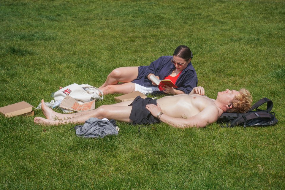 A woman reads a book while a man sunbathes on Wimbledon Common.