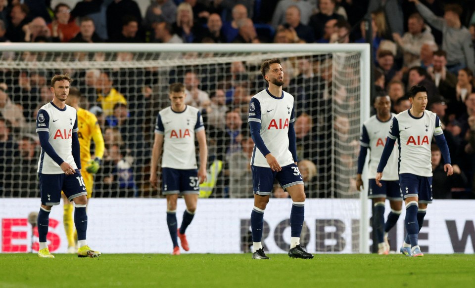 Tottenham Hotspur players look dejected after a goal.