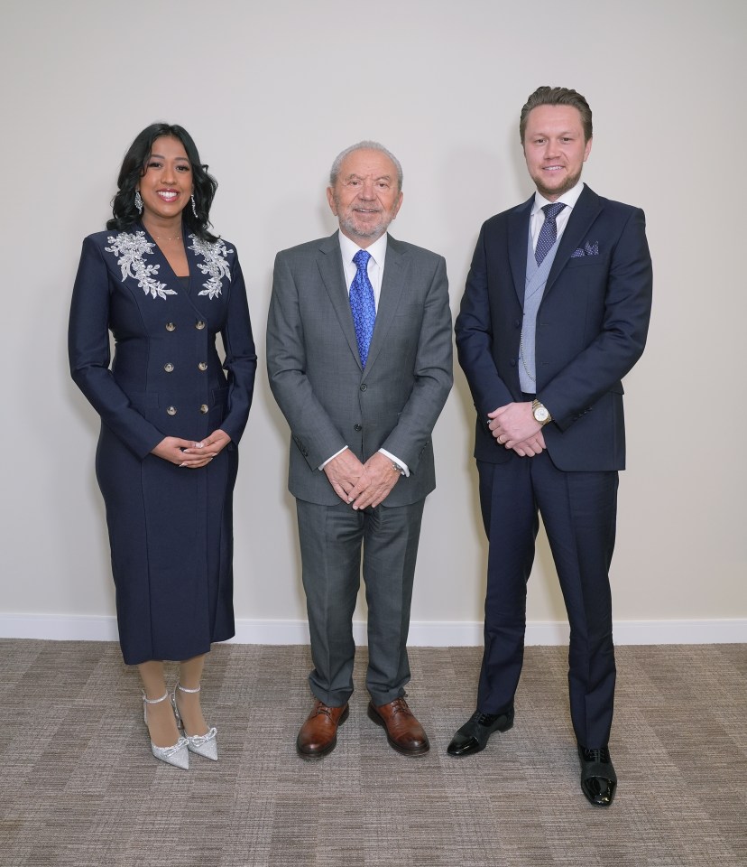 Photo of Lord Sugar with the two finalists of The Apprentice.