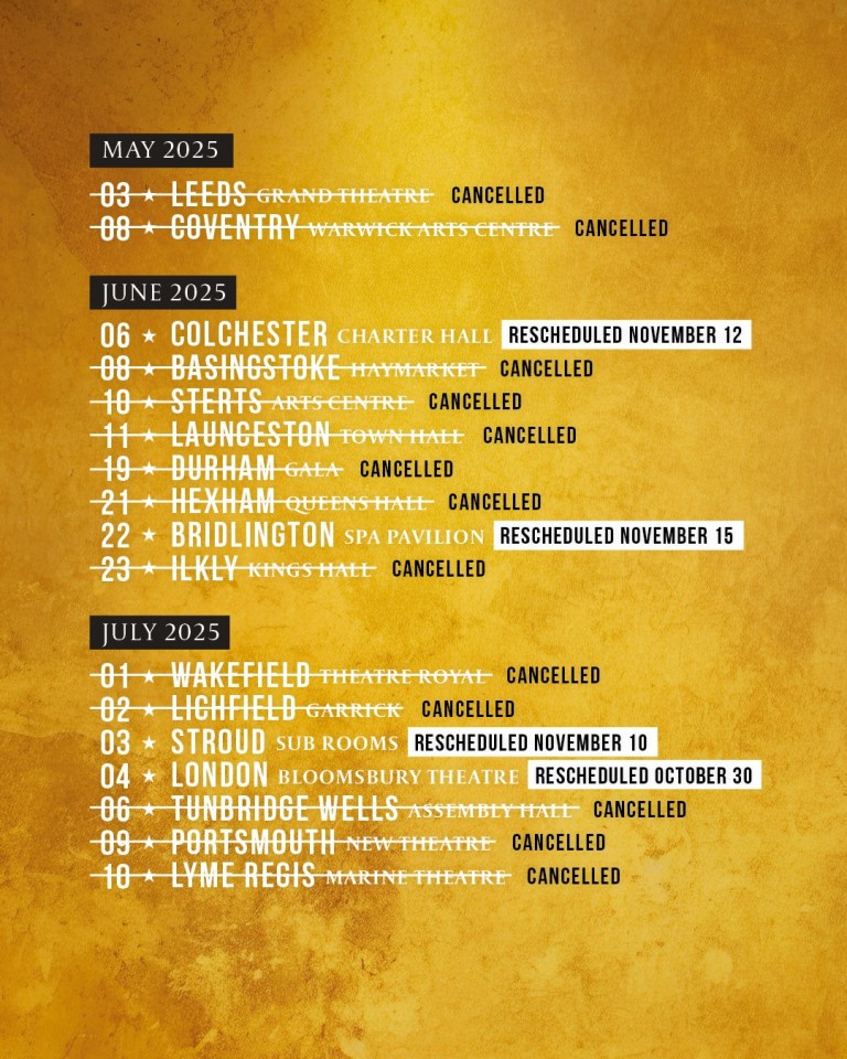 Milton Jones tour dates: cancellations and reschedulings.