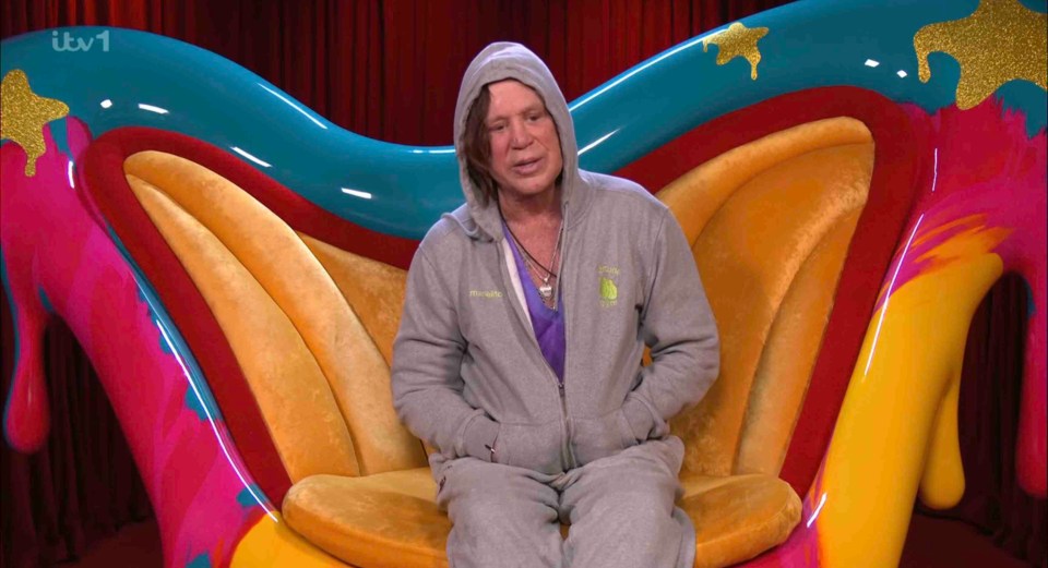 Mickey Rourke in a grey hoodie sitting in a brightly colored chair.