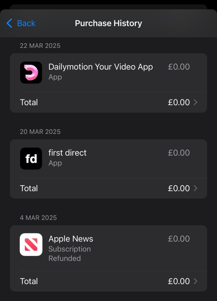 Screenshot of purchase history showing free app downloads.