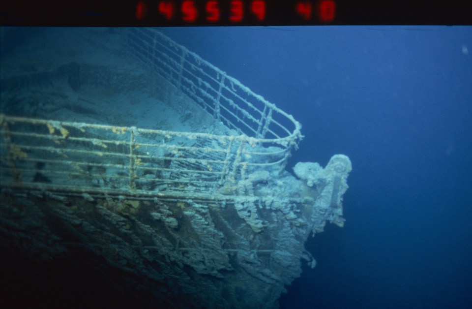 Underwater photo of the Titanic's bow.