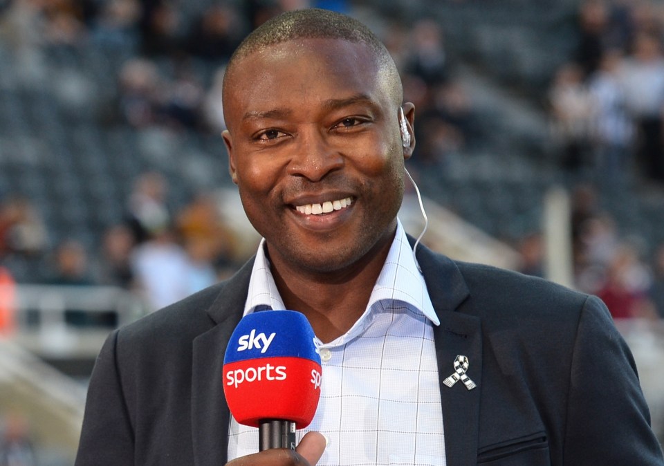Jamie Redknapp, Shola Ameobi, and Kelly Cates at a Sky Sports broadcast.