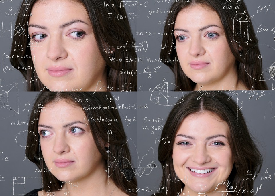 Collage of a woman's face with math equations written on a gray background.