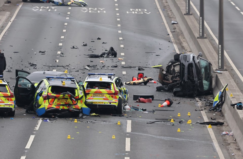 Aftermath of a multi-vehicle crash on a highway.