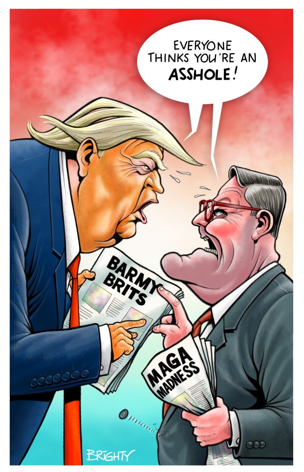 Illustration of Donald Trump and another man arguing, holding newspapers labeled "Barmy Brits" and "MAGA Madness."