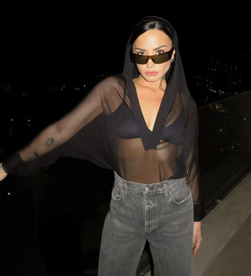 Demi Lovato wearing a sheer black top, jeans, and sunglasses at night.