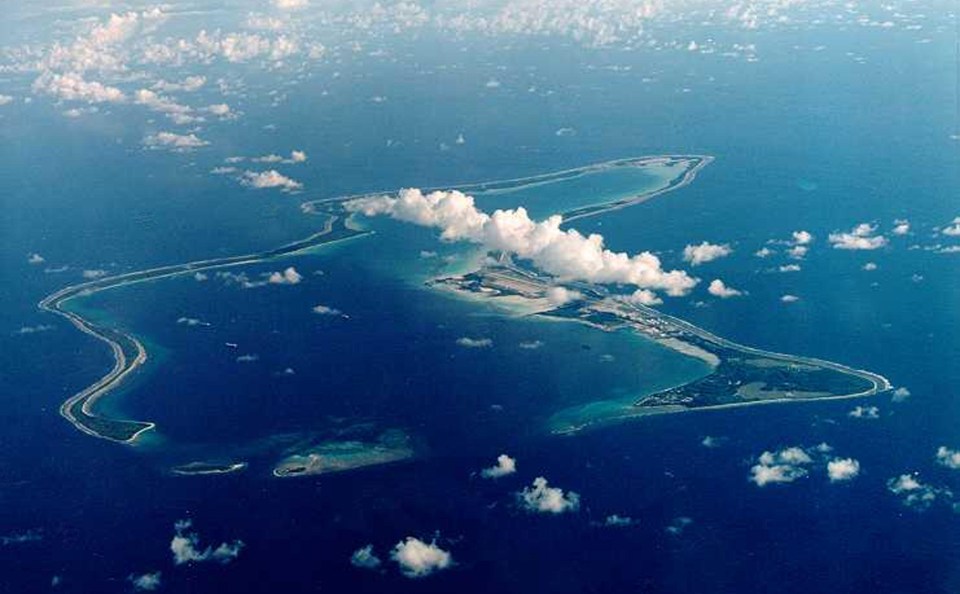 Aerial view of Diego Garcia, the largest island in the Chagos Archipelago.