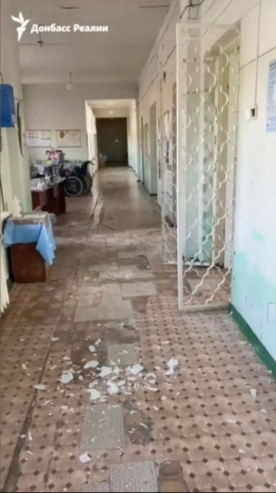 Damaged hospital hallway in Kostiantynivka, Donetsk region.