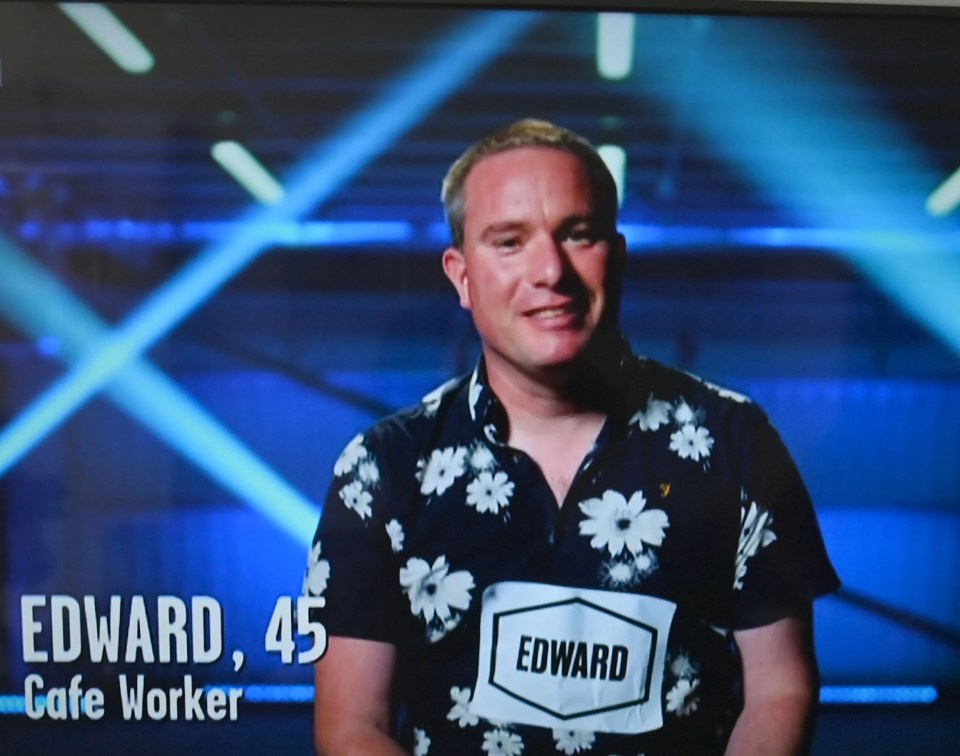 Television screen showing Edward, a 45-year-old cafe worker, on a game show.