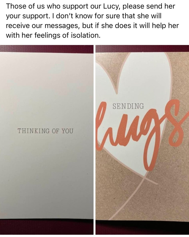 Facebook post showing support for Lucy Letby and including photos of cards that say "Thinking of you" and "Sending hugs".