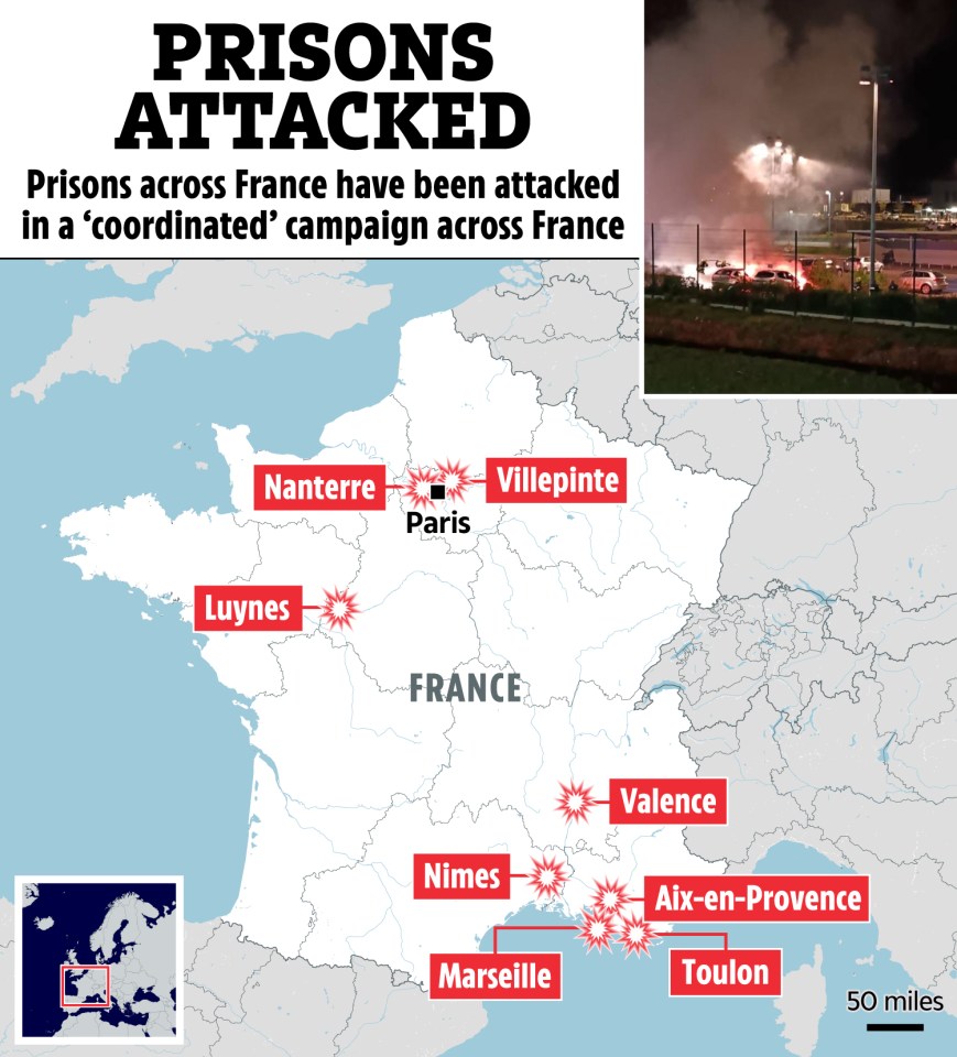Map showing locations of prison attacks in France.