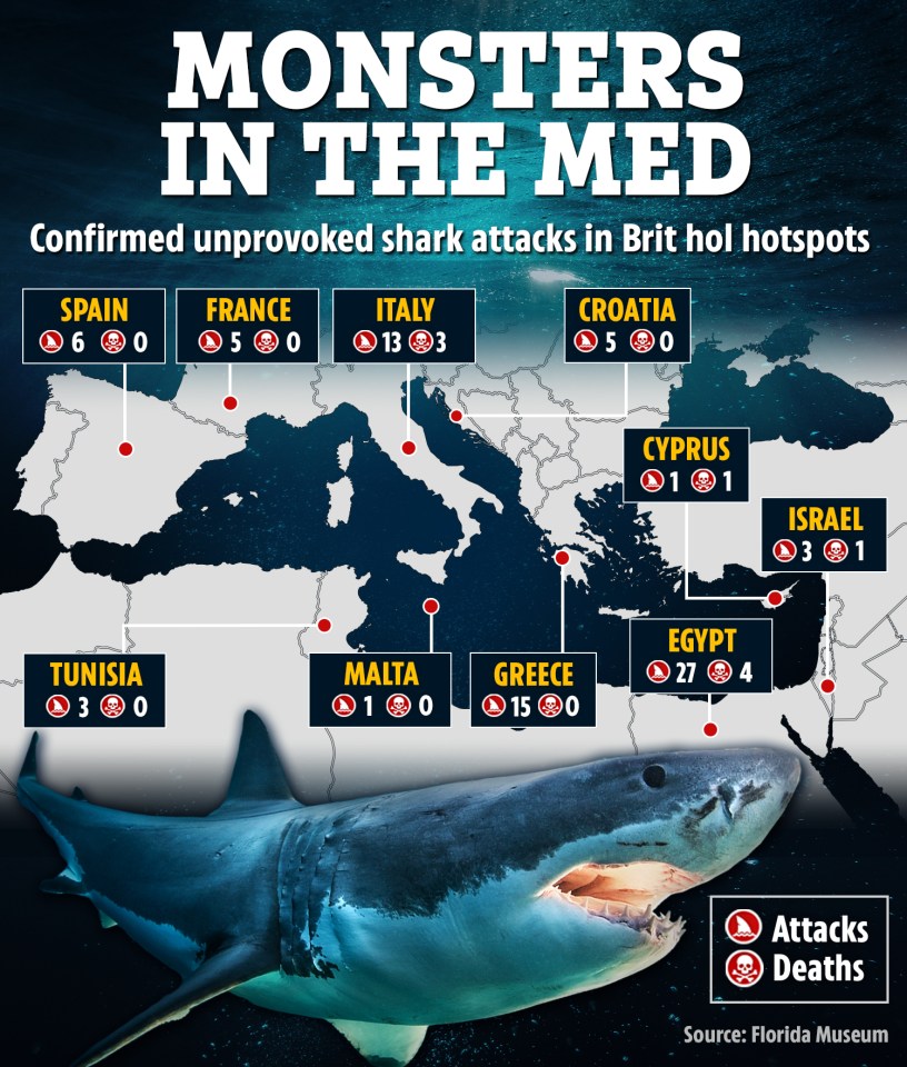 Illustration of Mediterranean Sea map showing confirmed unprovoked shark attacks and deaths.