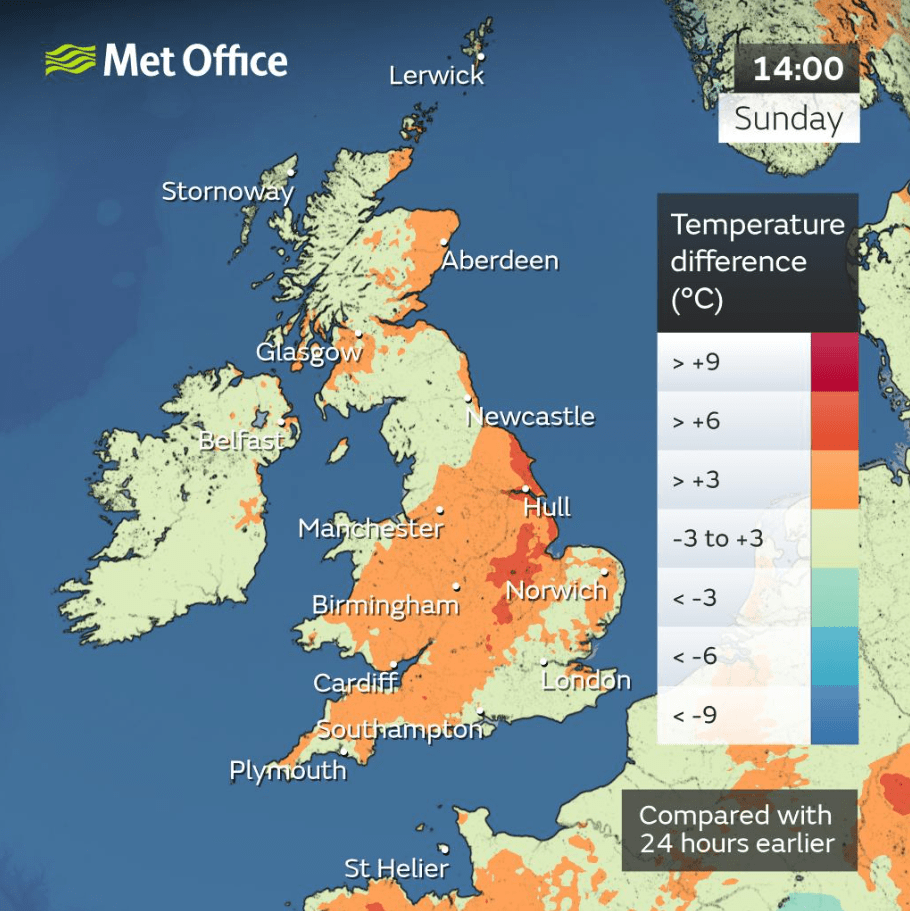 Map of the UK showing temperature differences compared to 24 hours earlier.