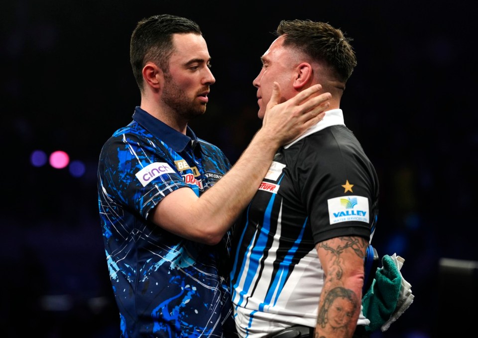 Gerwyn Price (right) celebrates victory against Chris Dobey during night twelve of the BetMGM Premier League at the M&S Bank Arena, Liverpool. Picture date: Thursday April 24, 2025. PA Photo. See PA story DARTS Liverpool. Photo credit should read: Peter Byrne/PA Wire. RESTRICTIONS: Use subject to restrictions. Editorial use only, no commercial use without prior consent from rights holder.