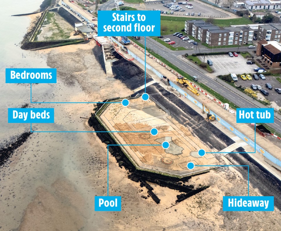Aerial view of Love Island set construction, showing pool, hot tub, bedrooms, day beds, and hideaway.