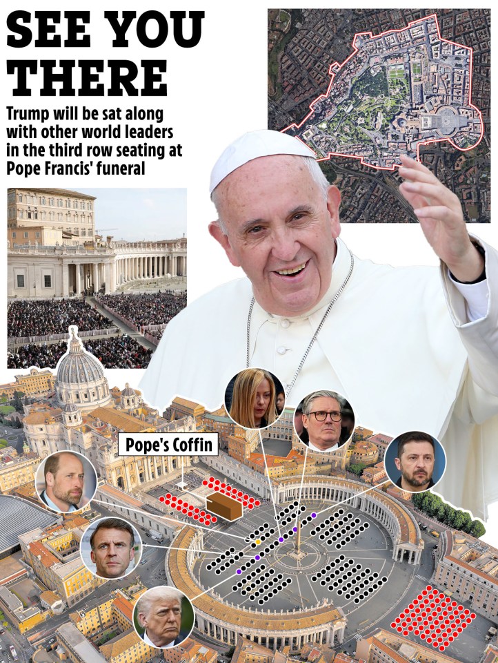 Illustration showing seating arrangement for Pope Francis' funeral, with Trump in the third row.