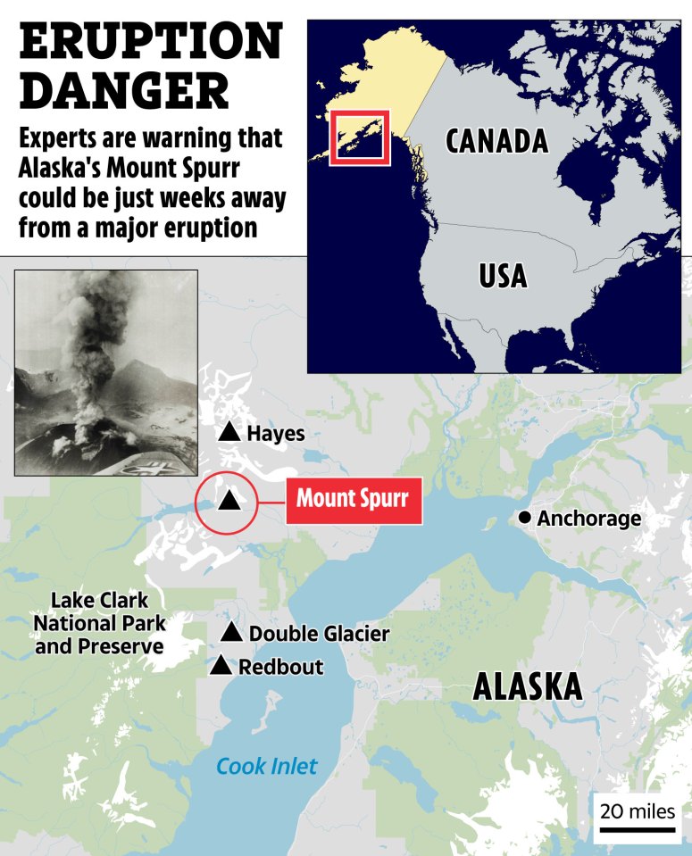 Illustration of Mount Spurr in Alaska, showing its proximity to Anchorage and warning of a potential eruption.