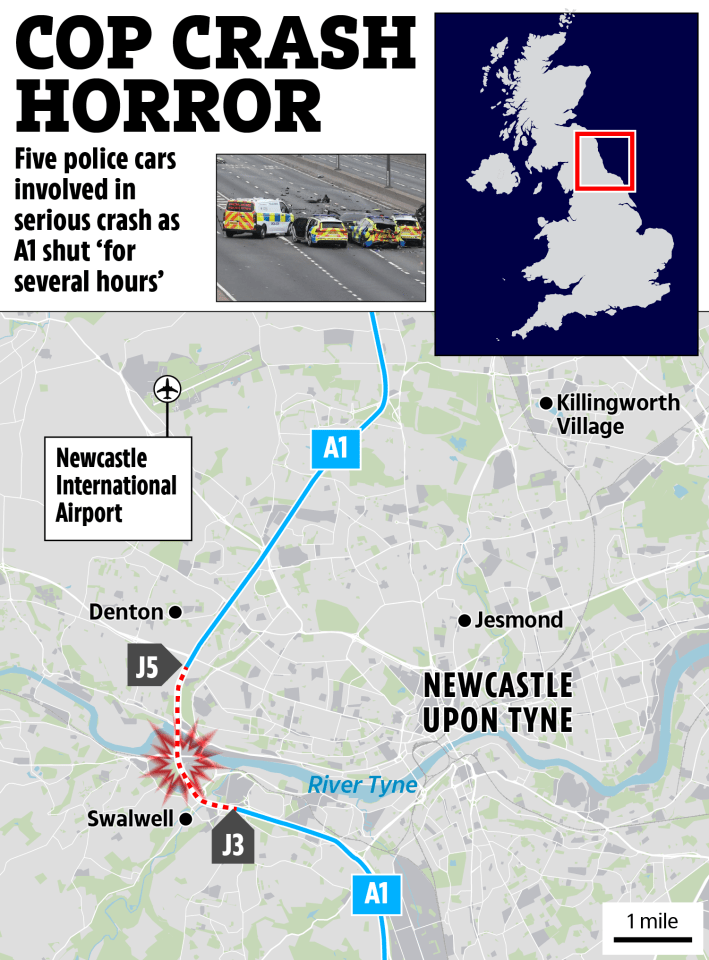 Illustration of five-police-car crash on A1 near Newcastle upon Tyne, UK.