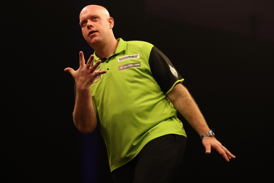 CARDIFF, WALES - MARCH 20: Michael van Gerwen shows his frustration against Luke Littler in the final matc during the BetMGM Premier League Darts Night Seven at Utilita Arena Cardiff on March 20, 2025 in Cardiff, Wales. (Photo by Michael Steele/Getty Images)