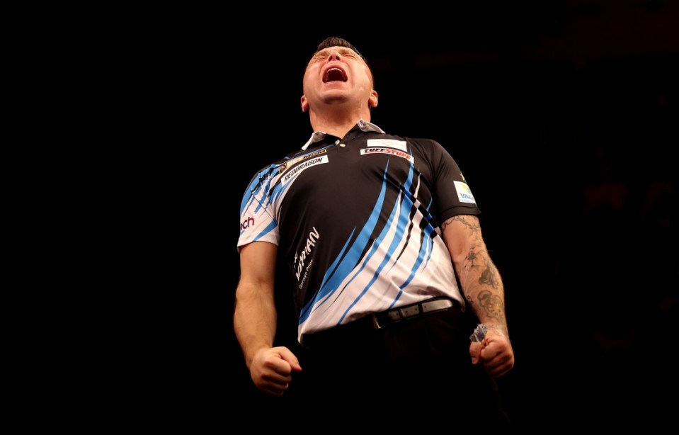 LIVERPOOL, ENGLAND - APRIL 24: Gerwyn Price celebrates beating Luke Humphries in the Premier League Darts final at M&S Bank Arena on April 24, 2025 in Liverpool, England. (Photo by Carl Recine/Getty Images)