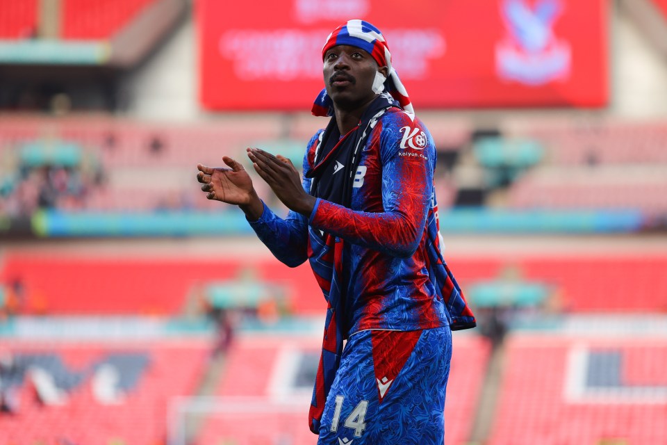 LONDON, ENGLAND - APRIL 26: Jean-Philippe Mateta of Crystal Palace celebrates after the Emirates FA Cup Semi Final match between Crystal Palace and Aston Villa at Wembley Stadium on April 26, 2025 in London, England. (Photo by James Gill - Danehouse/Getty Images)