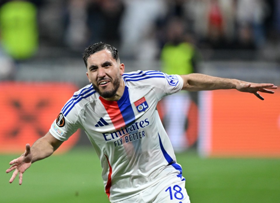 LYON, FRANCE - APRIL 10: Rayan Cherki of Olympique Lyonnais celebrates after scoring a goal during the UEFA Europa League 2024/25 Quarter Final First Leg match between Olympique Lyonnais and Manchester United at OL Stadium on April 10, 2025 in Decines-Charpieu, France. (Photo by Mustafa Yalcin/Anadolu via Getty Images)