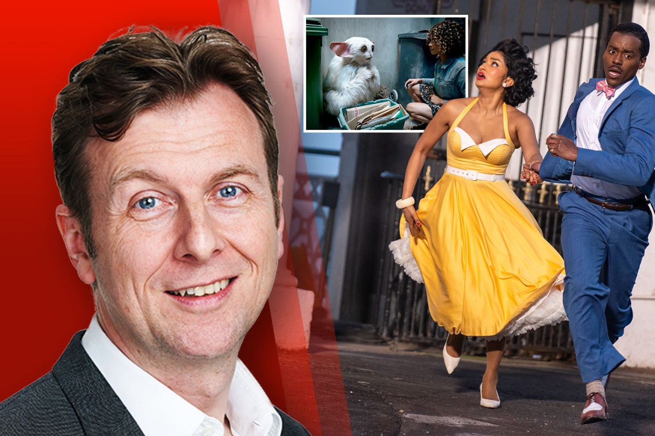 Collage of a man, a furry creature in a bin, and a couple running.