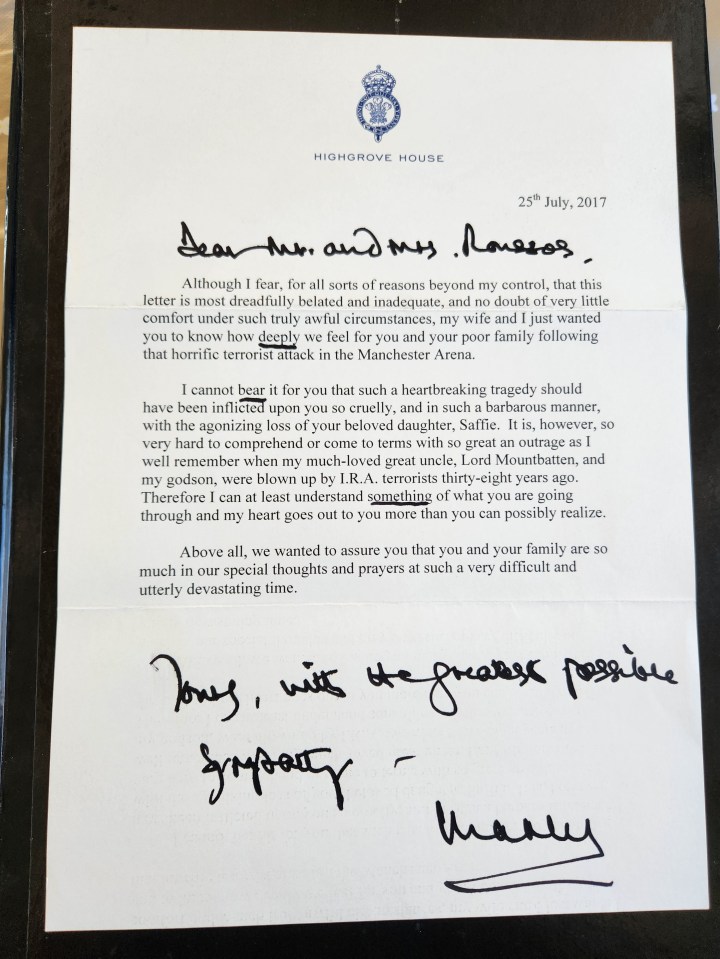 Handwritten condolence letter from King Charles.