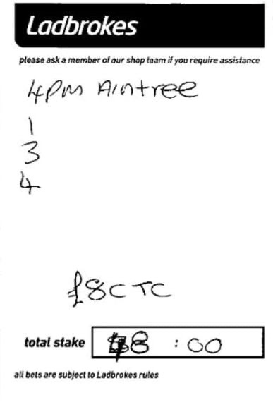Ladbrokes betting slip for 4pm Aintree race, horses 1, 3, 4; total stake £8.00.
