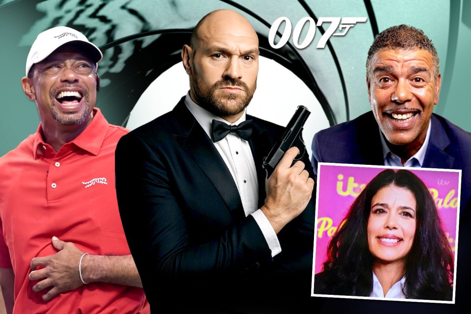 Collage of Tiger Woods, Tyson Fury, and others as James Bond characters.