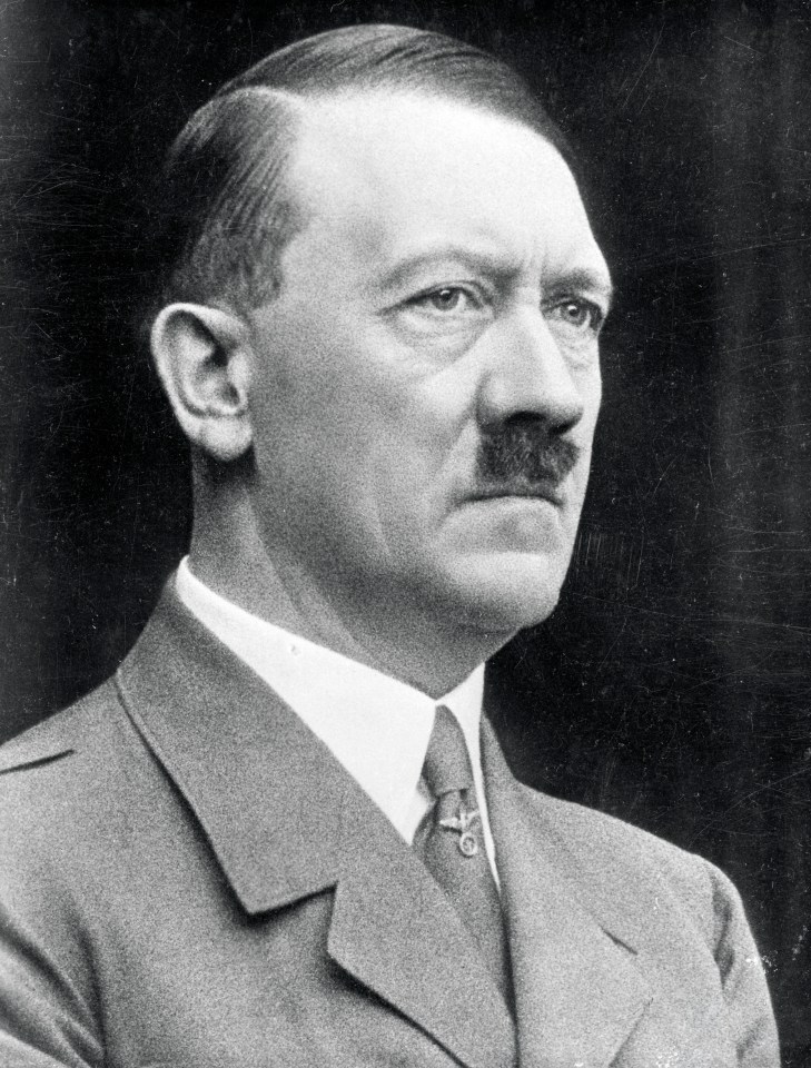 Black and white portrait photograph of Adolf Hitler.