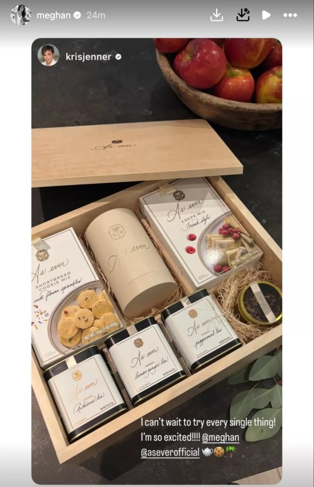 Instagram story showing a wooden box filled with As Ever brand tea and baking mixes.