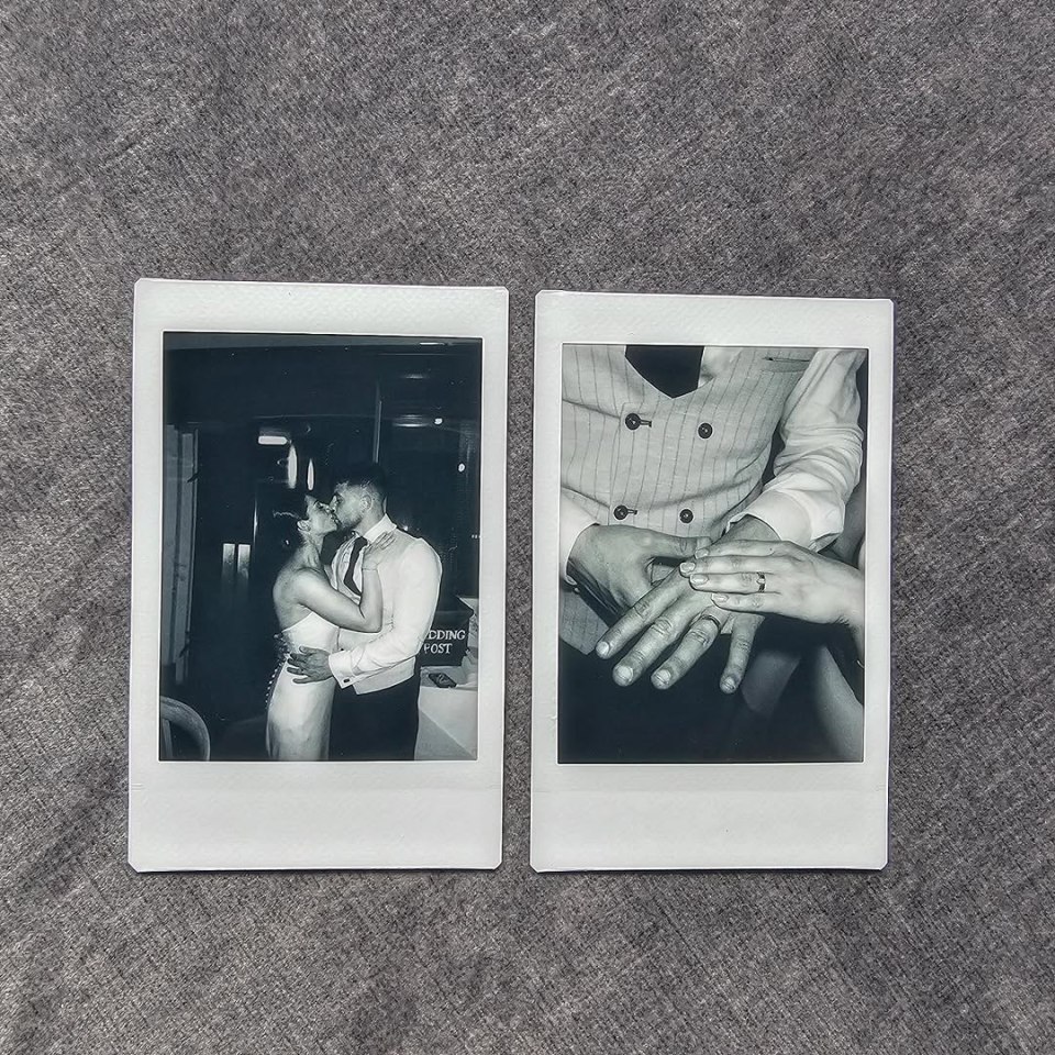 Polaroid photos of a wedding couple kissing and exchanging rings.