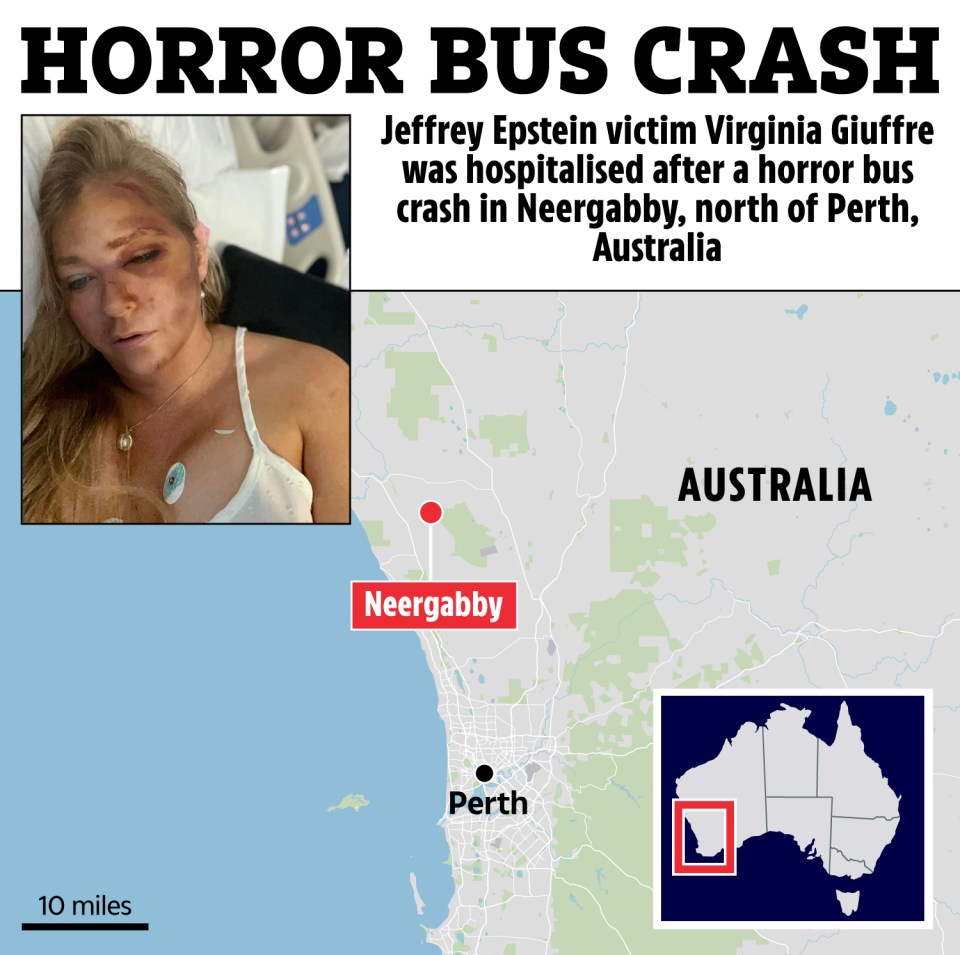 Injured Virginia Giuffre and map of Neergabby, Australia, where bus crash occurred.