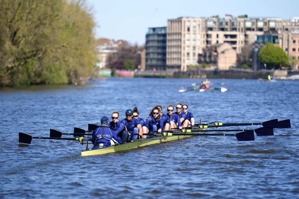 The Oxford University Women's Boat Team during a training session on the River Thames in London. Picture date: Monday April 7, 2025. PA Photo. See PA story ROWING Boat Race. Photo credit should read: Zac Goodwin/PA Wire. RESTRICTIONS: Use subject to restrictions. Editorial use only, no commercial use without prior consent from rights holder.