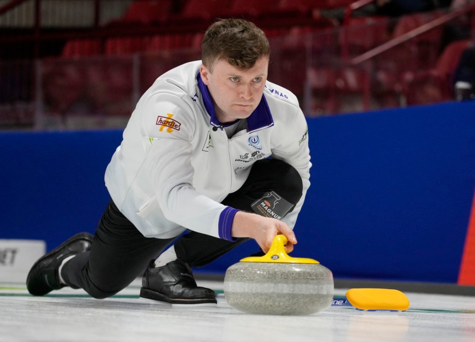 Curling - World Men's Curling Championship - Mosaic Place, Moose Jaw, Saskatchewan, Canada - April 1, 2025 Scotland's Bruce Mouat in action during their match against Italy REUTERS/Todd Korol