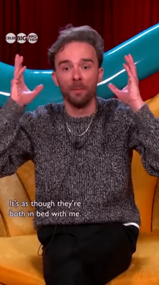 Screenshot of a man on a reality TV show, gesturing with his hands and saying, "It's as though they're both in bed with me."