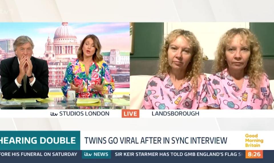 Screenshot of a television news segment showing identical twins during a live interview.
