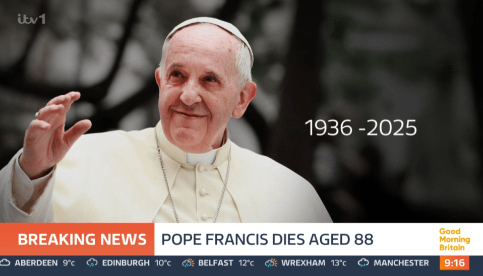 Screenshot of a news report announcing the death of Pope Francis at age 88.
