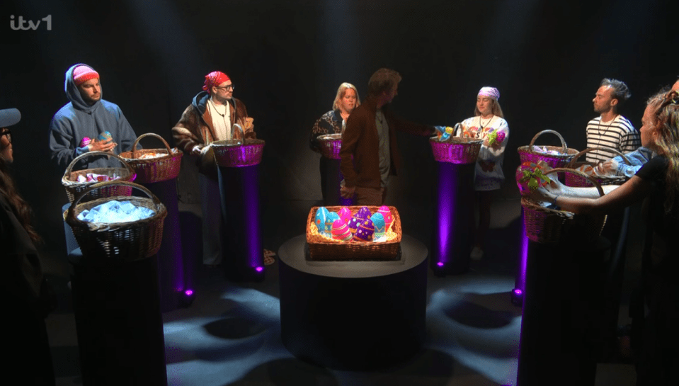 Screenshot of contestants choosing from baskets of Easter eggs.