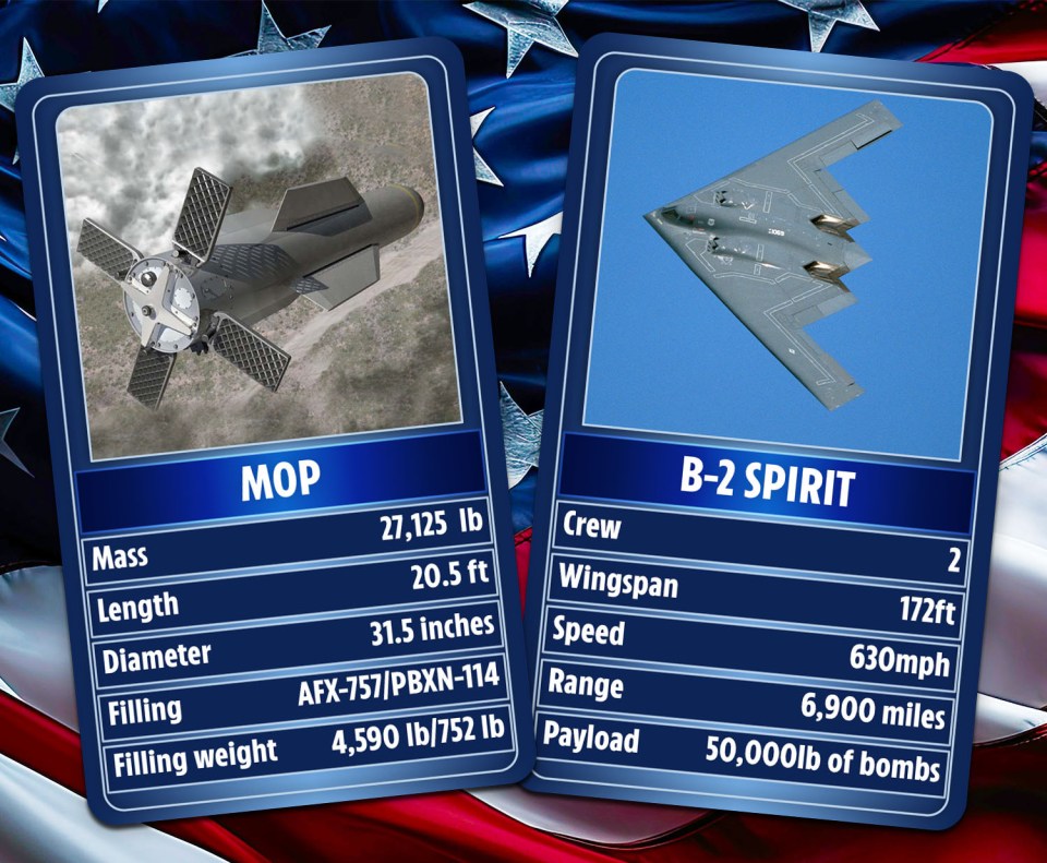 Illustration of two fact cards: one for the MOP bomb and one for the B-2 Spirit bomber.
