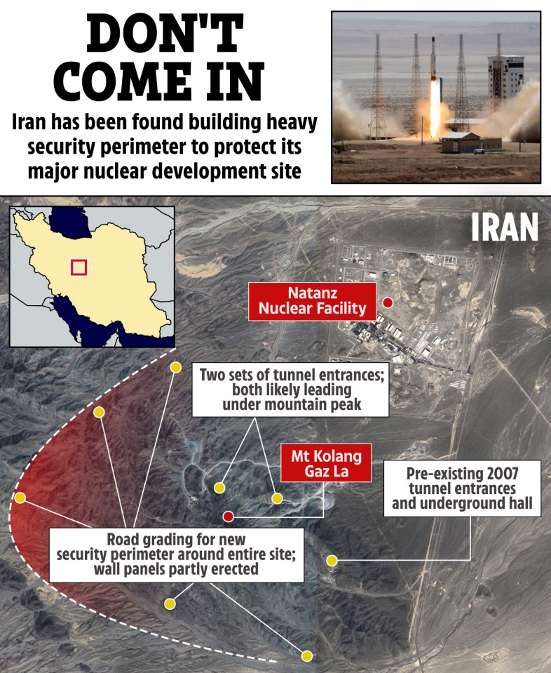 Illustration of Iran's Natanz nuclear facility with a new security perimeter under construction, showing tunnel entrances and a map highlighting the location.