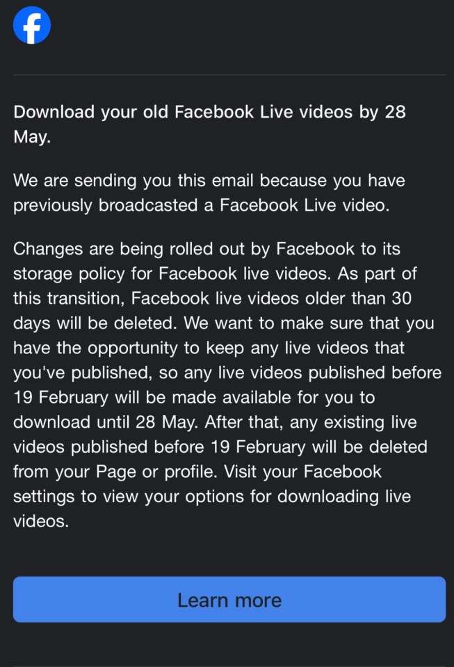 Facebook email notifying users to download old Facebook Live videos by May 28th.
