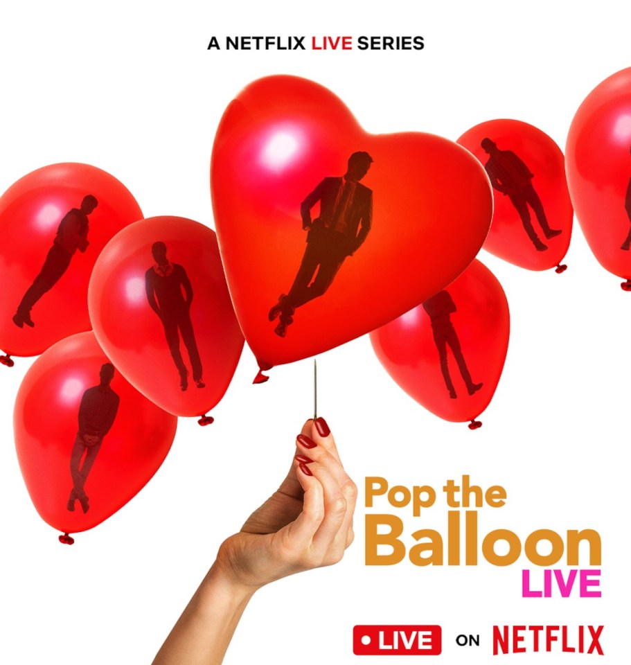 Illustration of a hand holding a heart-shaped balloon with silhouettes of men inside, surrounded by other red balloons with similar silhouettes; promoting a Netflix live series.
