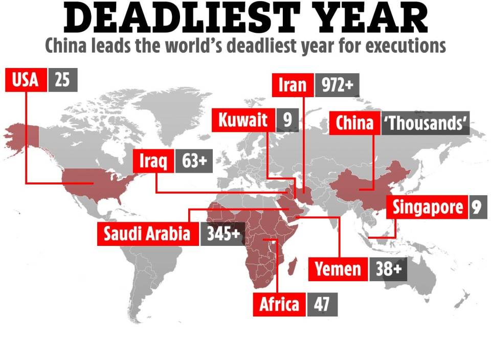 Map showing the deadliest year for executions, with China leading with thousands of executions.