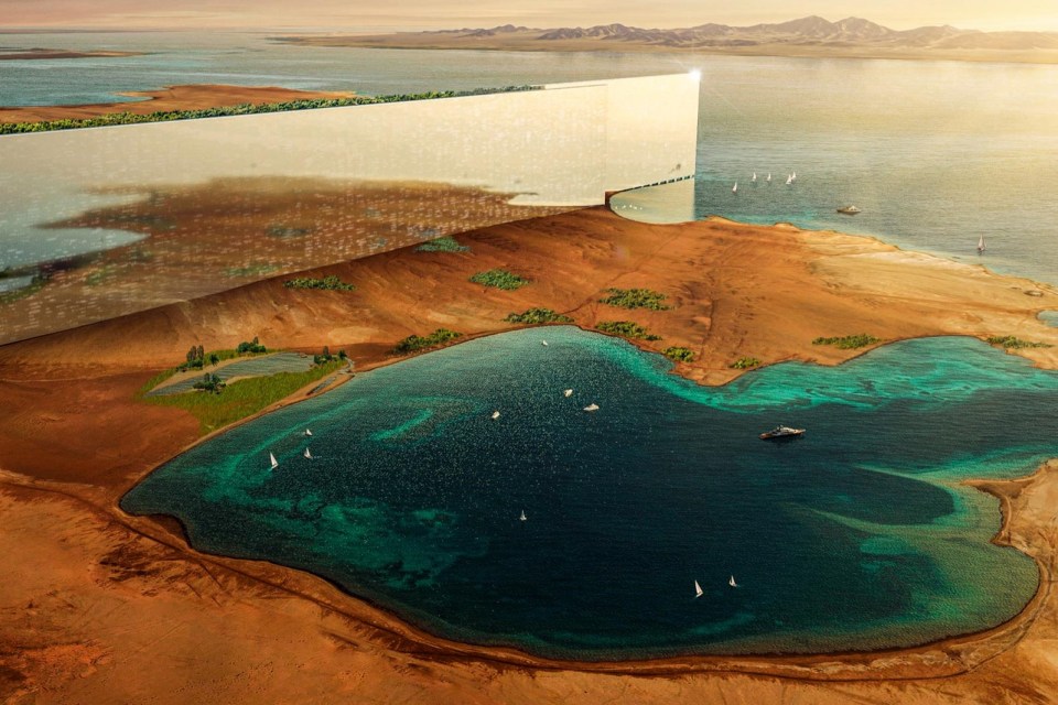 Aerial illustration of a massive, reflective structure situated along a desert coastline, overlooking a body of water with boats.