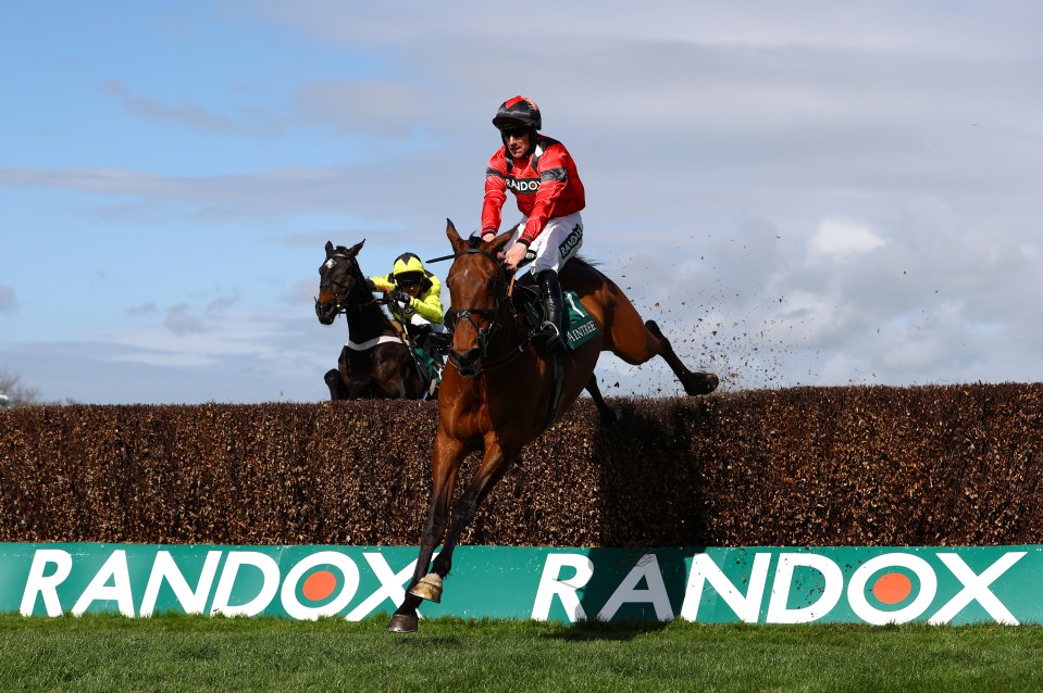 Horse and jockey jumping a fence during a horse race.